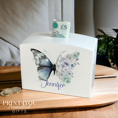 Beautiful Floral Lilac toned butterfly White wooden money Baby Christening Gift Money Saving Box